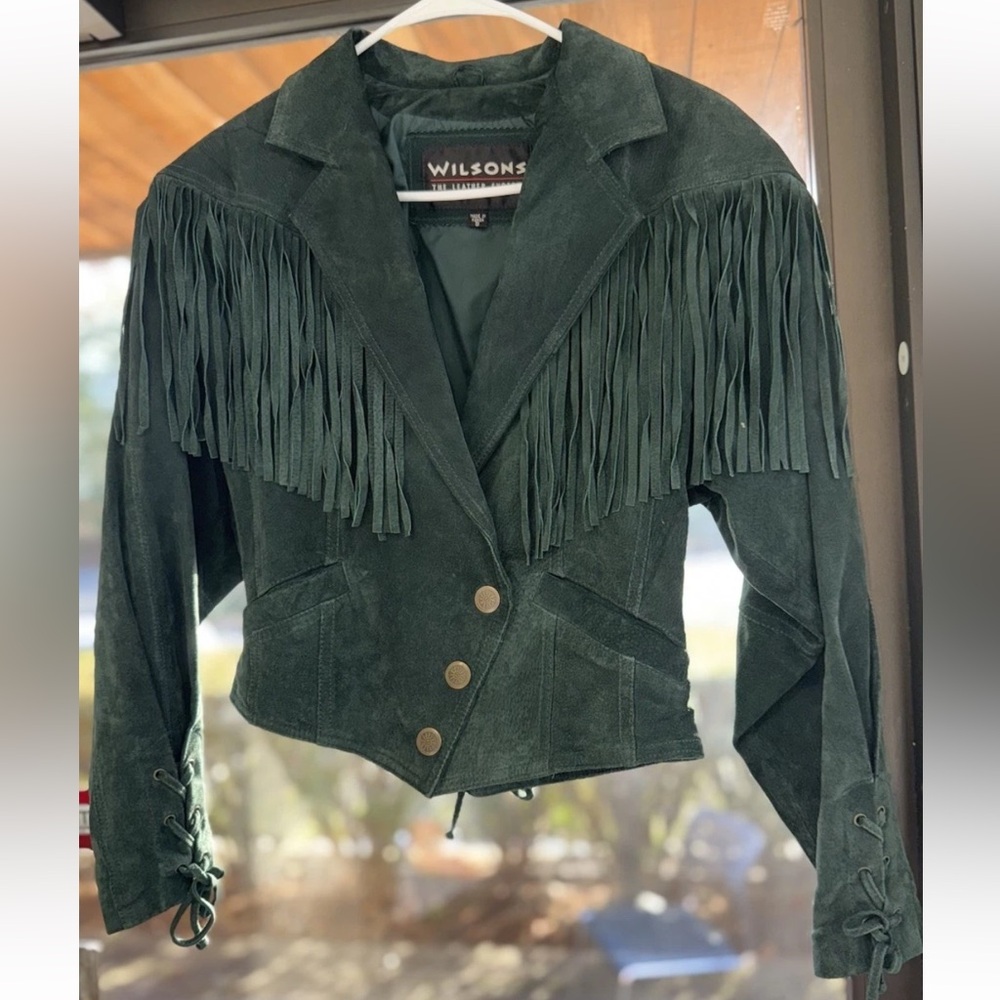 Vintage 90s Wilson Leather Womens fringe Suede Emerald Forest Green Jacket S - Picture 2 of 12